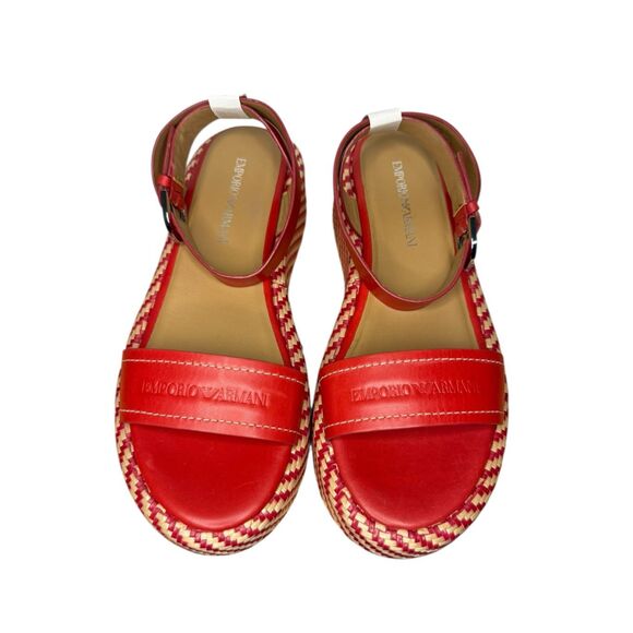 Emporio Armani Women’s EU 37 US 7 Wedge Espadrille Sandals Red Leather Logo NEW - Picture 2 of 12